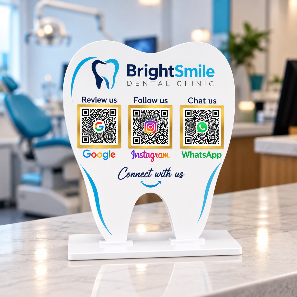 3 QR NFC Enabled Tooth Shape Google Review Instagram & WhatsApp Standee for Dental Clinic