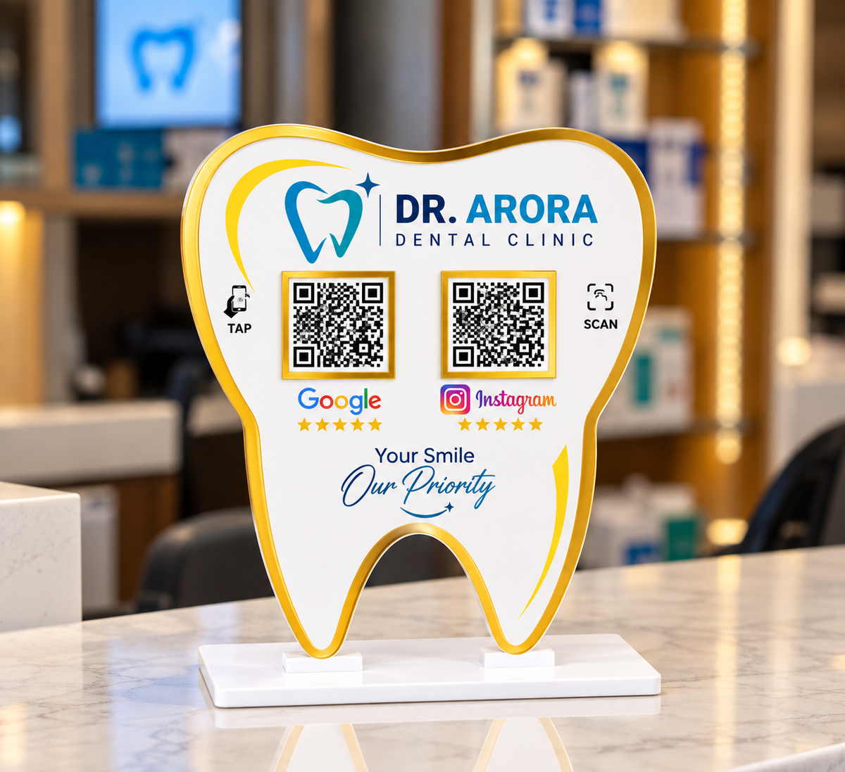 2 QR NFC Enabled Tooth Shape Dental Review Standee for Dentist & Dental Clinic