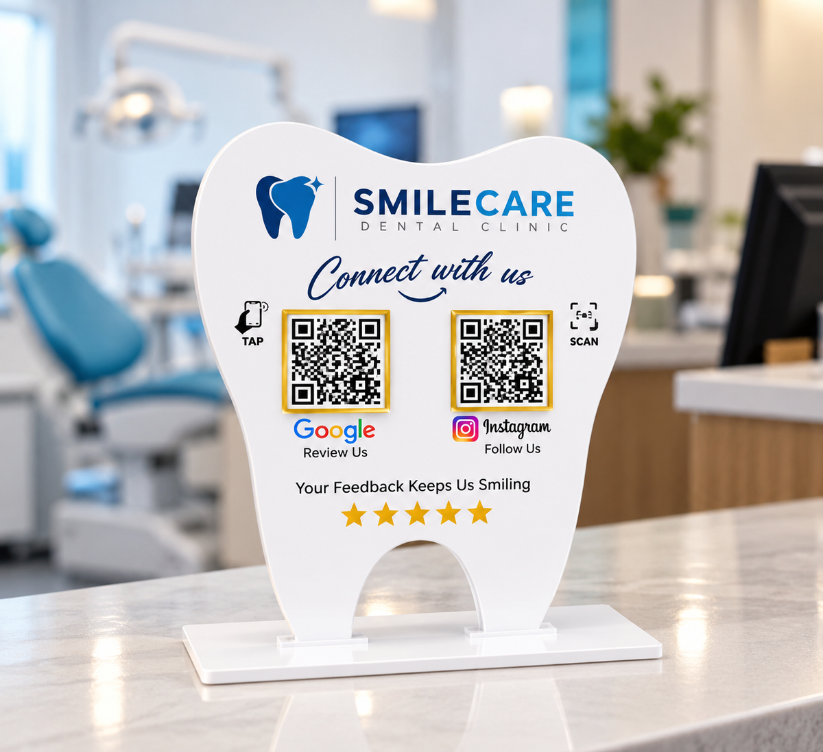 QR NFC Enabled Premium Tooth Shape Dental Review Standee for Dentist & Dental Clinic