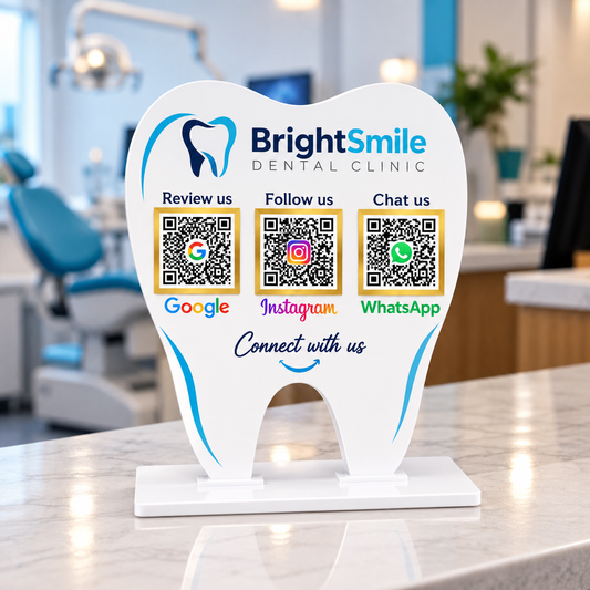 3 QR NFC Enabled Tooth Shape Google Review Instagram & WhatsApp Standee for Dental Clinic