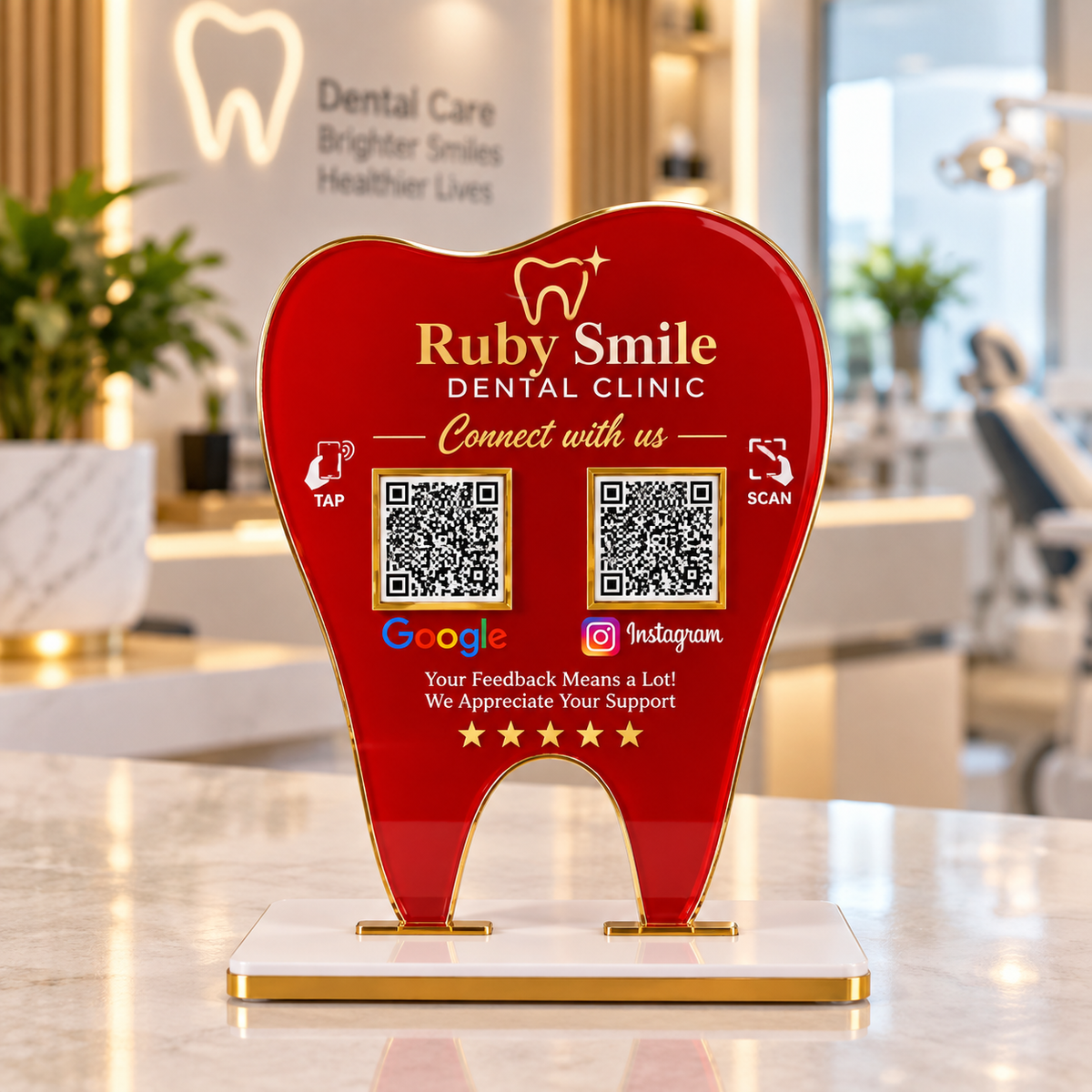 2 QR NFC Enabled Tooth Shape Premium Red Standee for Dental Clinic