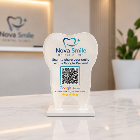 1 QR NFC Enabled Frosted Tooth Shape Google Review Standee for Dental Clinic & Hospital