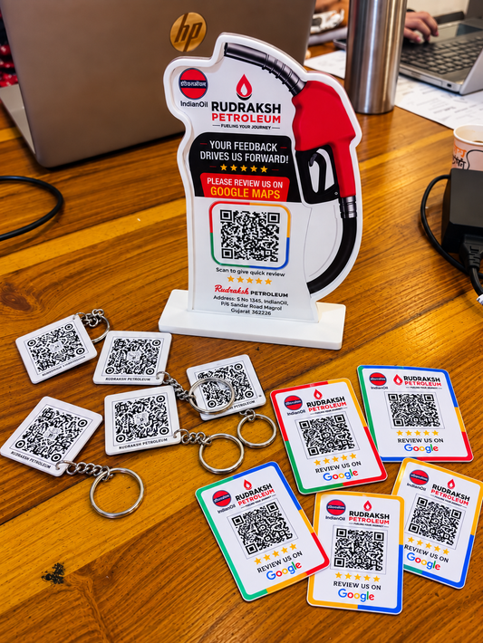 1 QR Signature Petrol Pump Standee + 5Keychain + 5Review Card Bundle