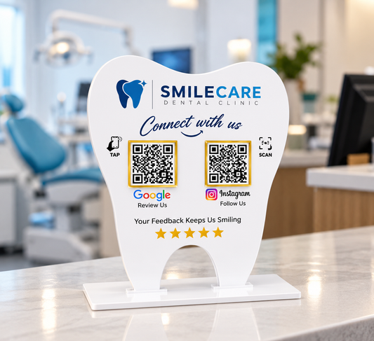 QR NFC Enabled Premium Tooth Shape Dental Review Standee for Dentist & Dental Clinic