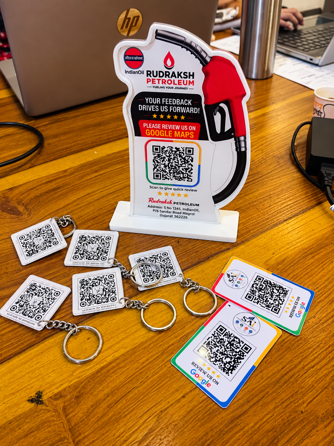 1 QR Signature Petrol Pump Standee + Keychain + Review Card Bundle
