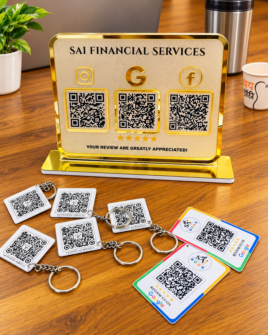 3 QR Standee + Keychain + Review Card Bundle